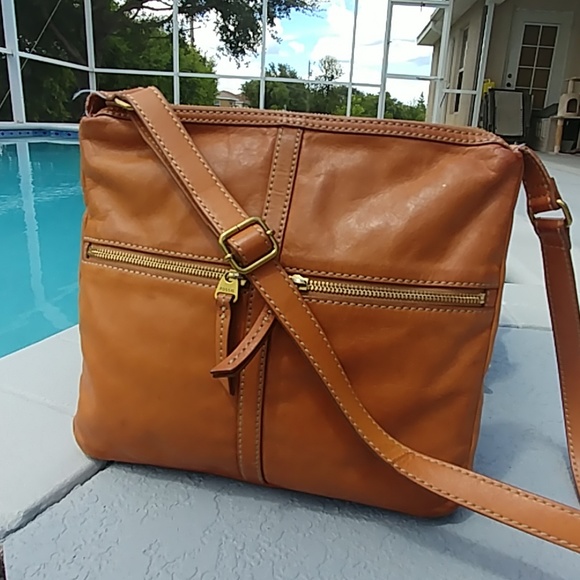 Fossil Handbags - Fossil Camel Leather crossbody messenger bag